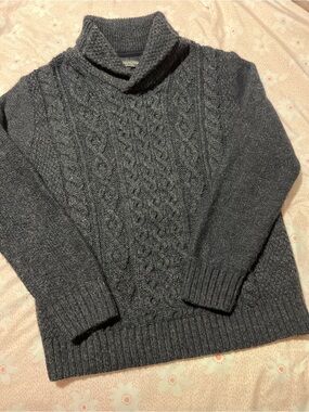 Immagini Made in Italy Men's Wool Heather Dark Blue Cable Shawl Collar Sweater L
